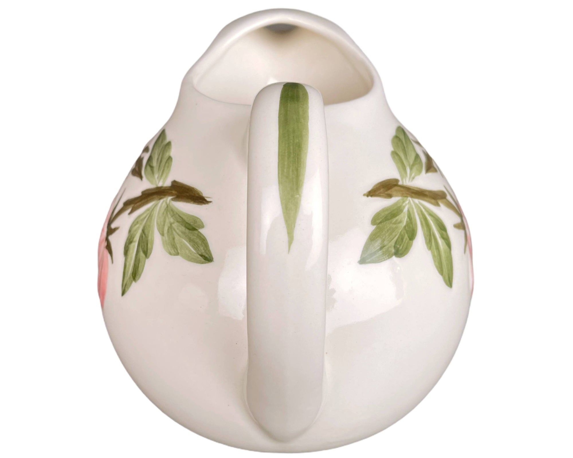 Vintage 40s Pottery Ball Jug Pitcher Continental Kilns Green Arbor Pattern - Poppy's Vintage Clothing