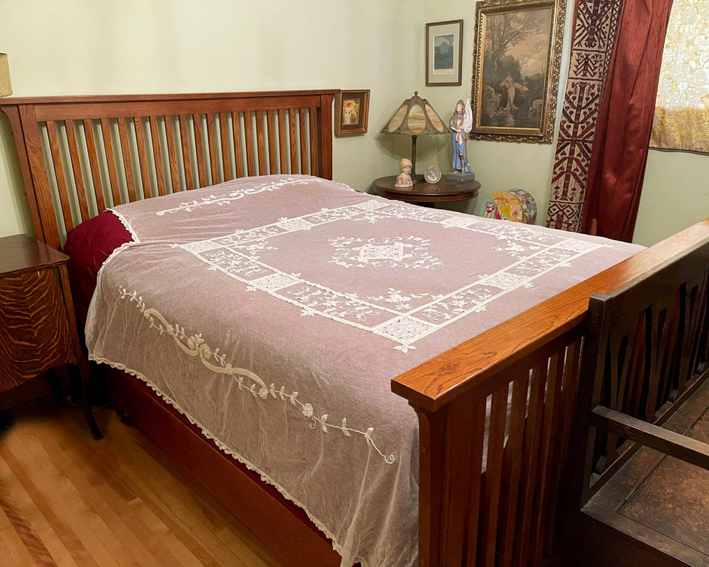 Antique French Tambour Lace Bedspread Floral Applique on Net - Poppy's Vintage Clothing