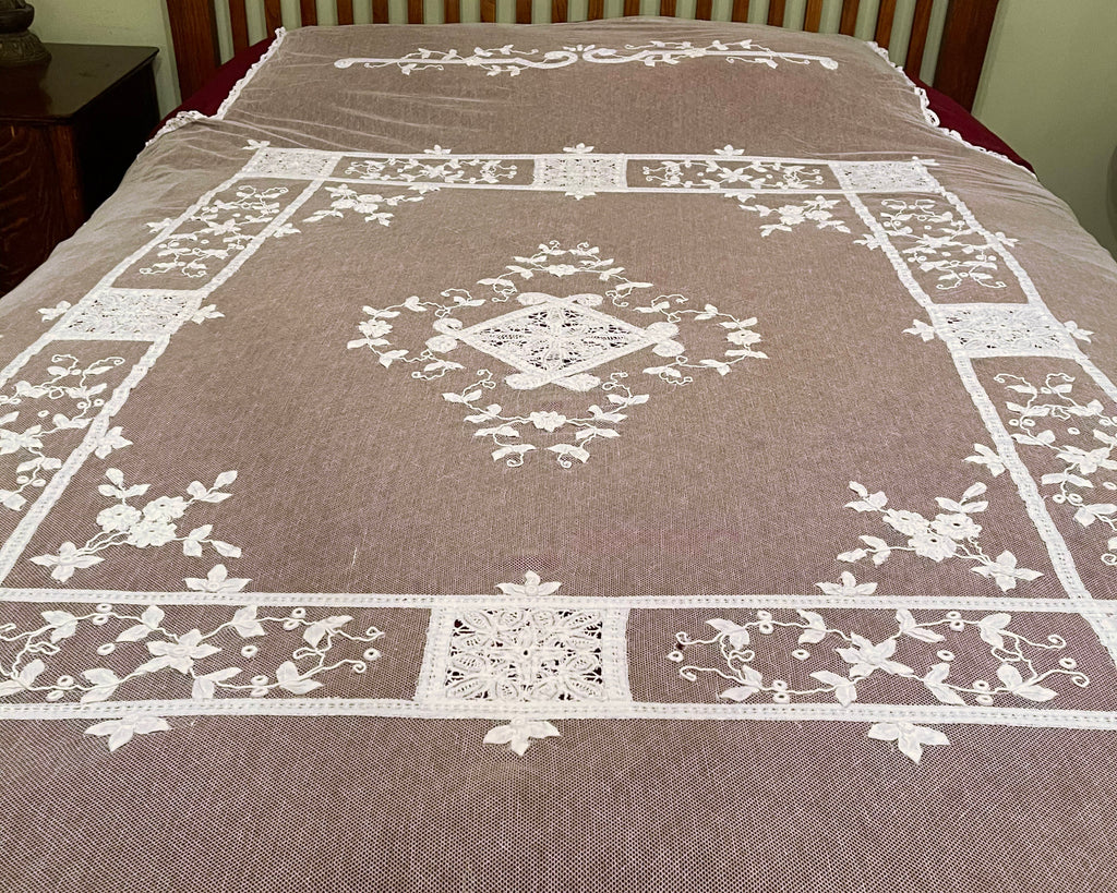 Antique French Tambour Lace Bedspread Floral Applique on Net - Poppy's Vintage Clothing