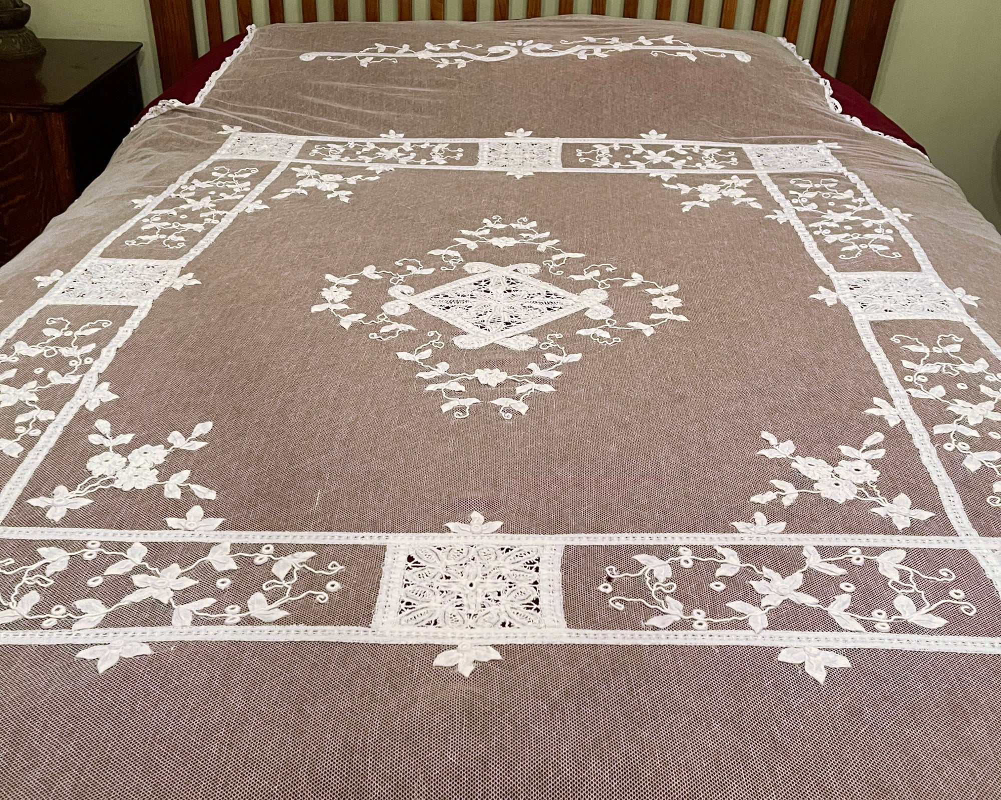 Antique French Tambour Lace Bedspread Floral Applique on Net - Poppy's Vintage Clothing