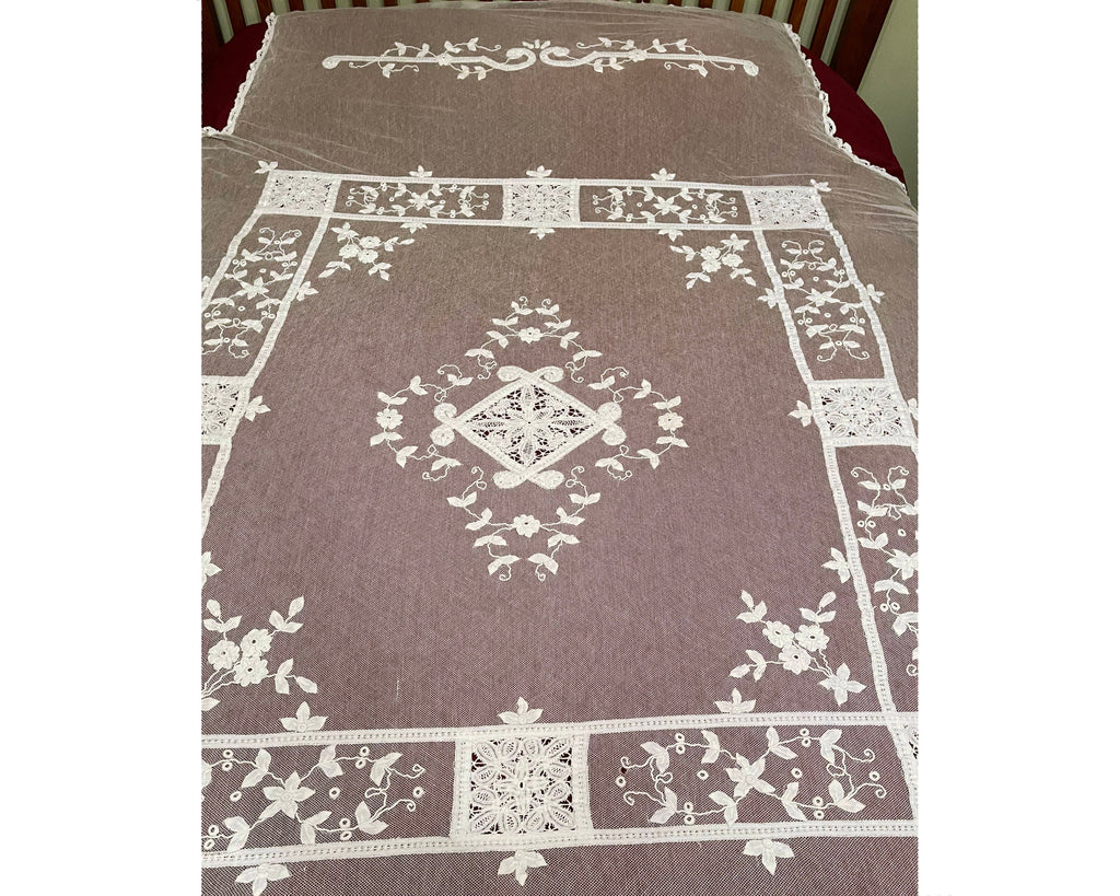 Antique French Tambour Lace Bedspread Floral Applique on Net - Poppy's Vintage Clothing