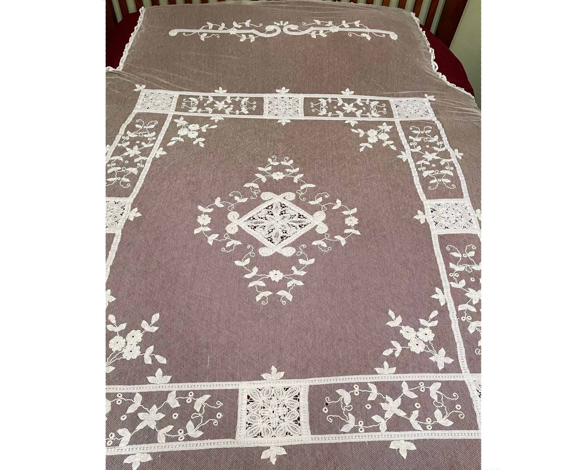 Antique French Tambour Lace Bedspread Floral Applique on Net - Poppy's Vintage Clothing