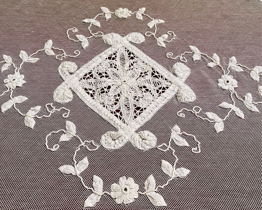Antique French Tambour Lace Bedspread Floral Applique on Net - Poppy's Vintage Clothing