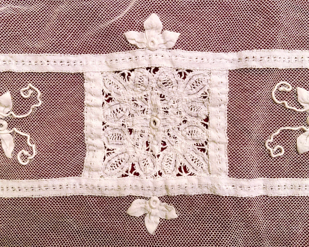 Antique French Tambour Lace Bedspread Floral Applique on Net - Poppy's Vintage Clothing
