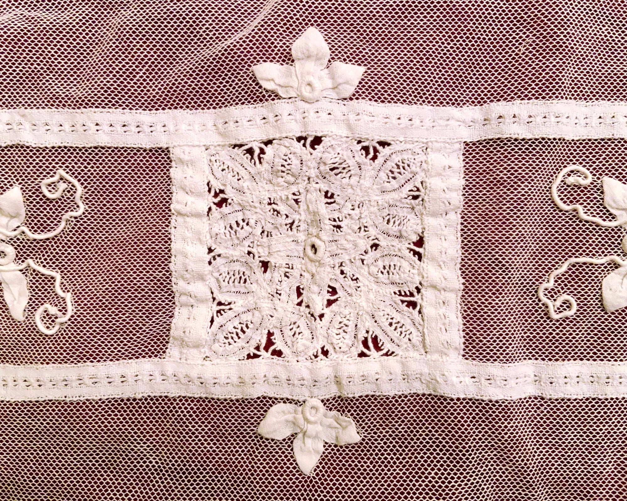 Antique French Tambour Lace Bedspread Floral Applique on Net - Poppy's Vintage Clothing