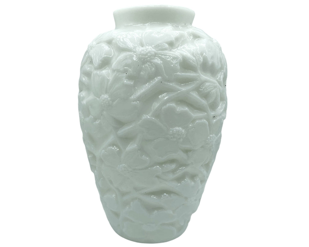 Vintage Phoenix Consolidated Art Glass Vase White Wild Rose Pattern - Poppy's Vintage Clothing