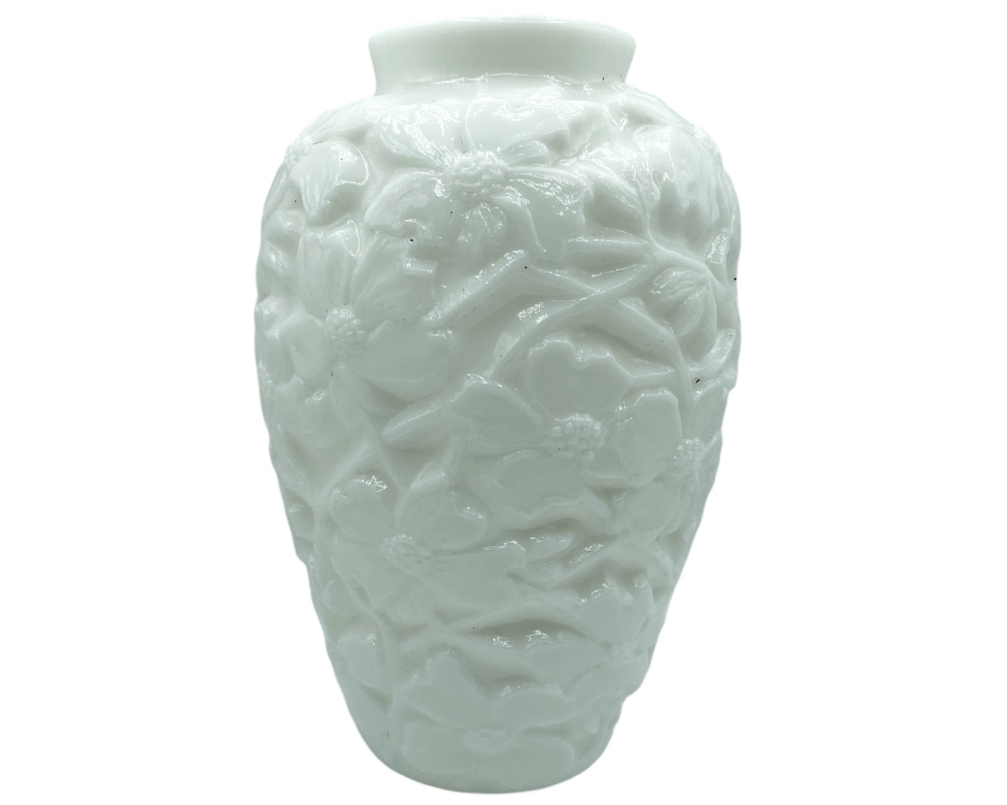 Vintage Phoenix Consolidated Art Glass Vase White Wild Rose Pattern - Poppy's Vintage Clothing