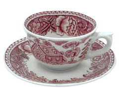 Arabia Finland Demitasse Cup Magenta Red Landscape Transfer Ware Cabin Castle - Poppy's Vintage Clothing