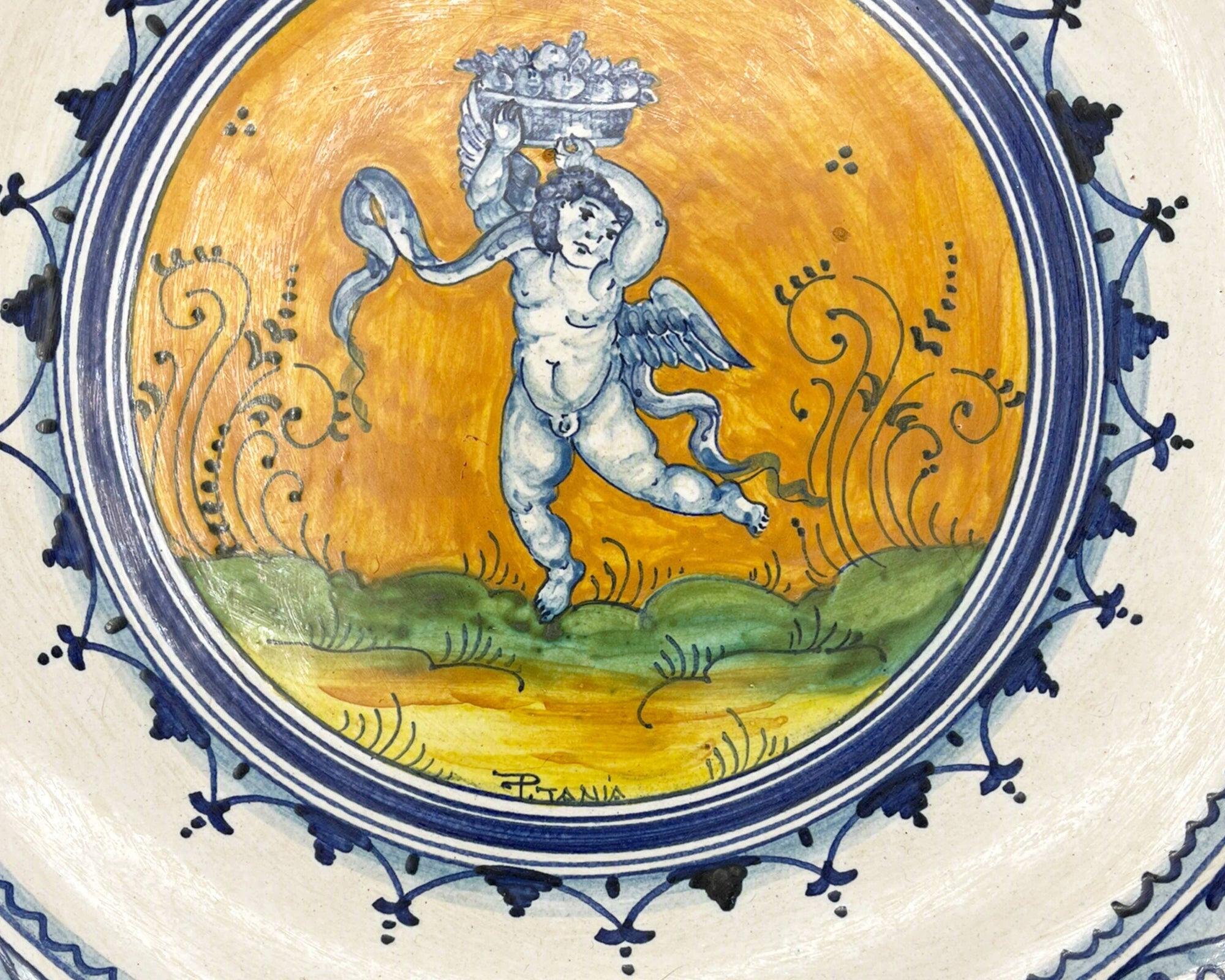 Vintage FC Deruta Pottery Charger Platter P Tania Hand Painted Cherub 14 - Poppy's Vintage Clothing