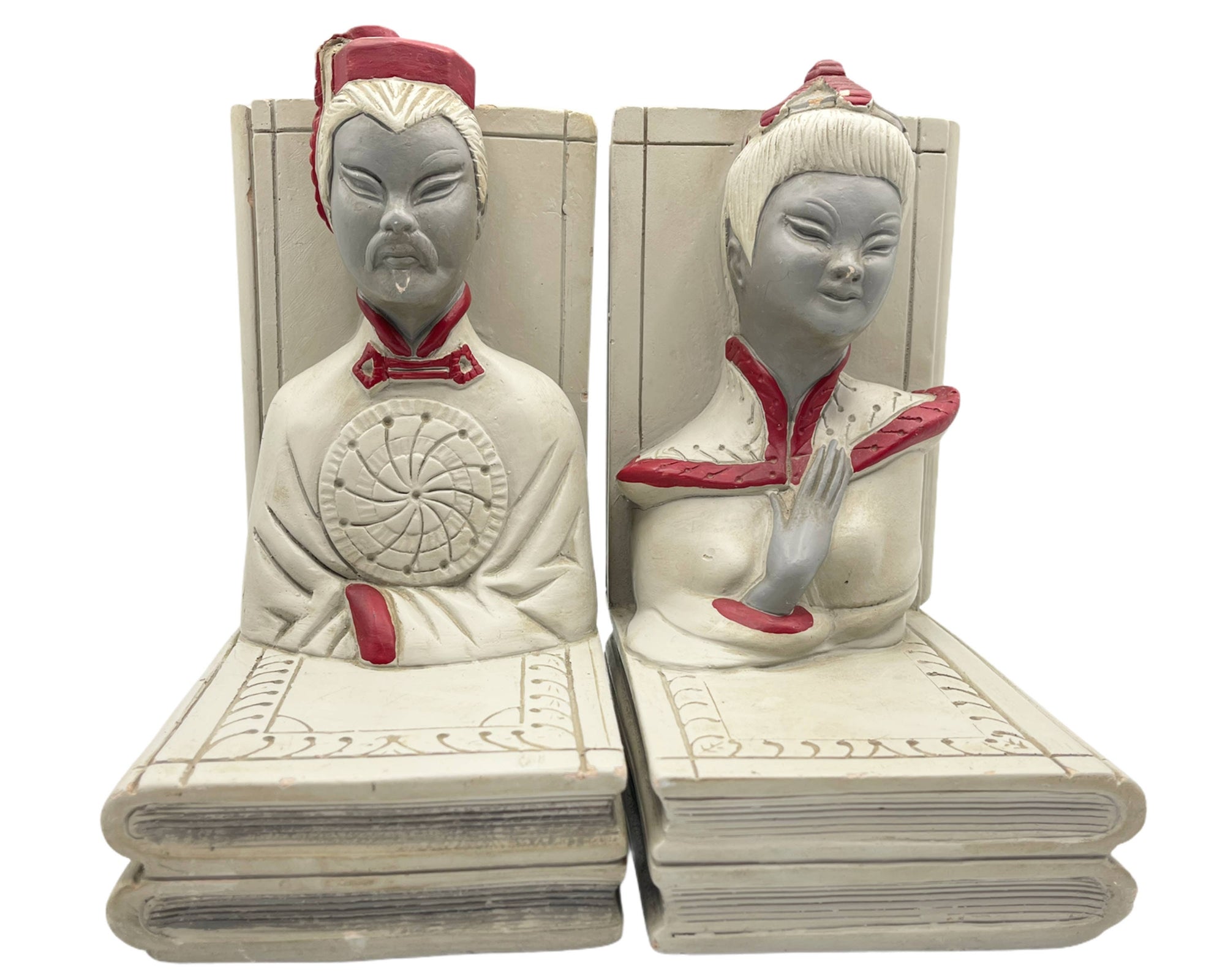 Vintage 1940s Bookends Kitsch Chalkware Figural Chinese Man & Woman - Poppy's Vintage Clothing