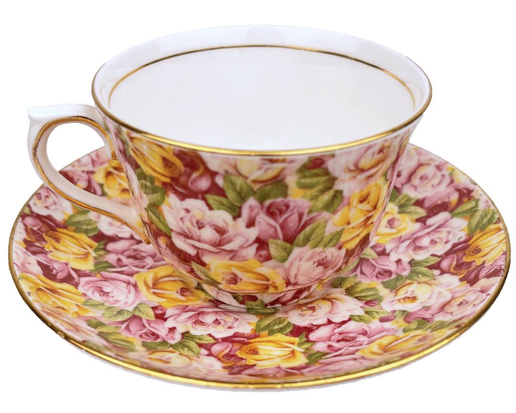 Vintage 1930s Colclough China Chintz Cup and Saucer Overall Rose Floral Pattern - Poppy's Vintage Clothing