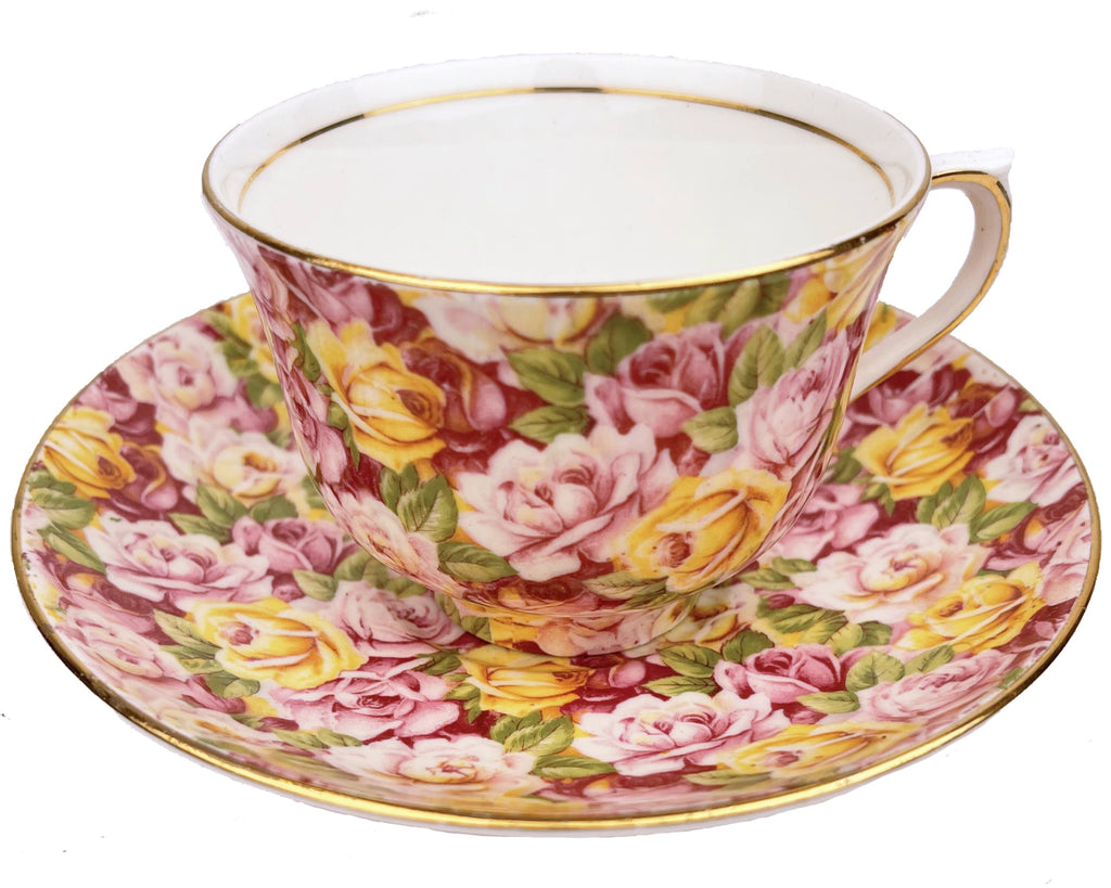 Vintage 1930s Colclough China Chintz Cup and Saucer Overall Rose Floral Pattern - Poppy's Vintage Clothing