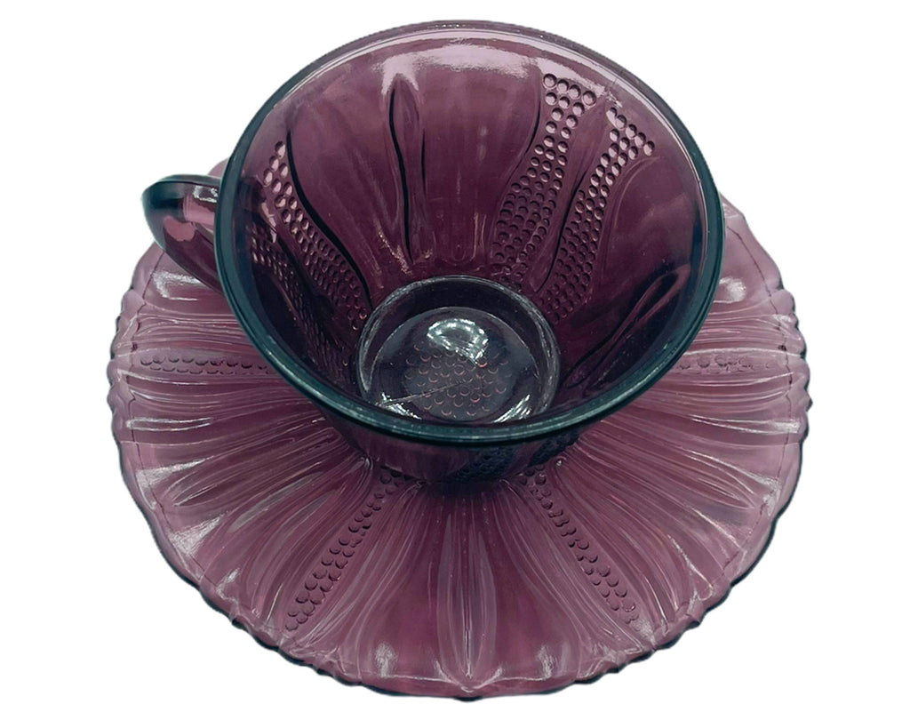 Depression Glass Cup and Saucer Dell Tulip Pattern Amethyst Colour 1930s 40s - Poppy's Vintage Clothing