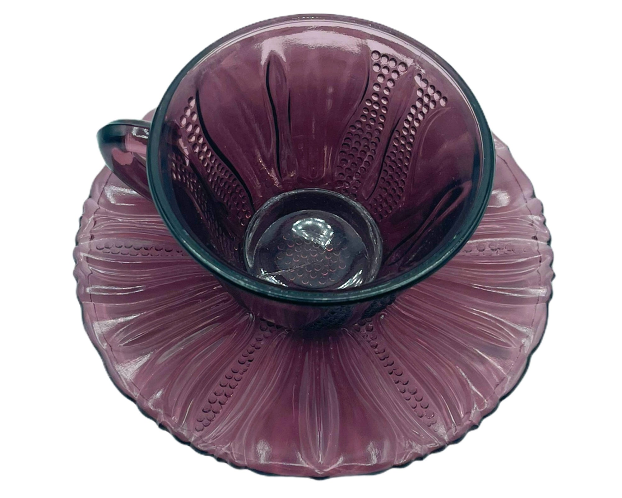 Depression Glass Cup and Saucer Dell Tulip Pattern Amethyst Colour 1930s 40s - Poppy's Vintage Clothing