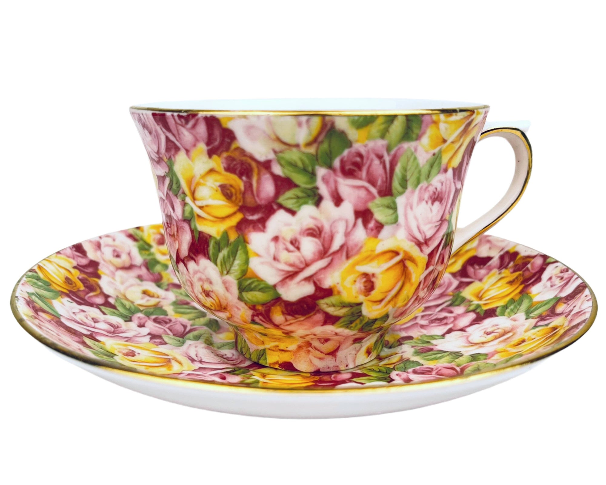 Vintage 1930s Colclough China Chintz Cup and Saucer Overall Rose Floral Pattern - Poppy's Vintage Clothing