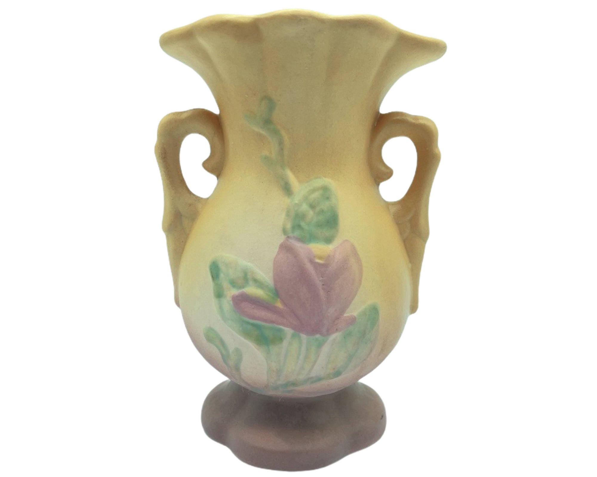 Vintage 1940s Hull Pottery Magnolia Vase Yellow & Purple 5.25 - Poppy's Vintage Clothing