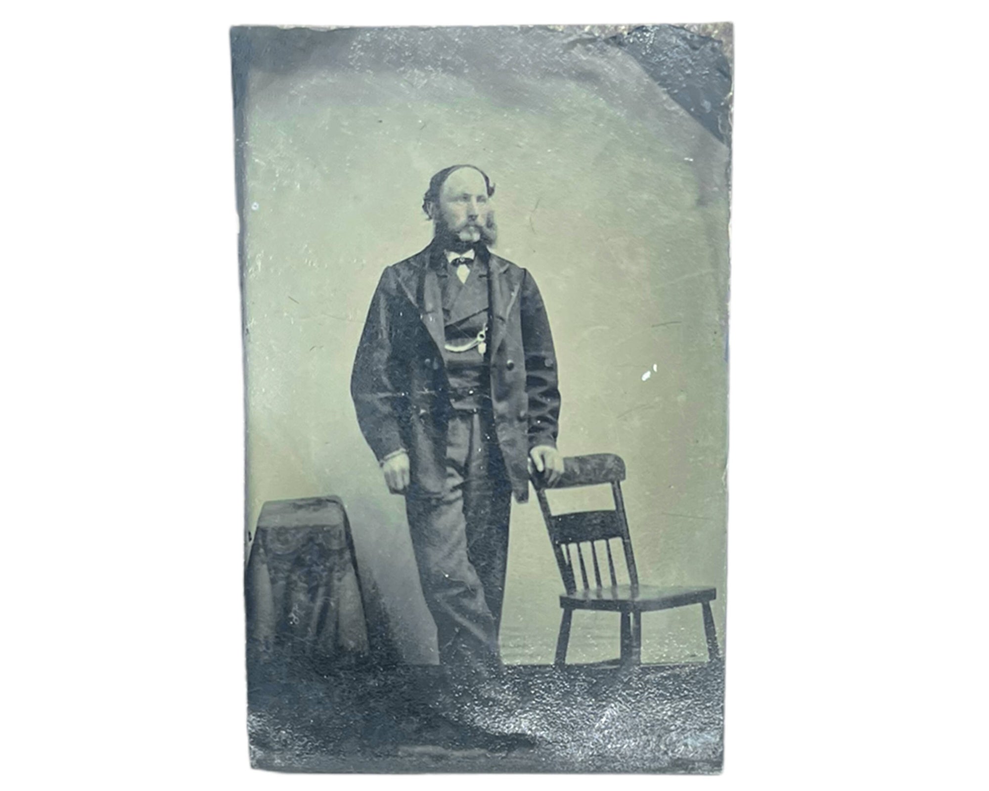 Antique Tintype Photo Man Posed in Studio 19th c Photograph 1/6 Plate - Poppy's Vintage Clothing