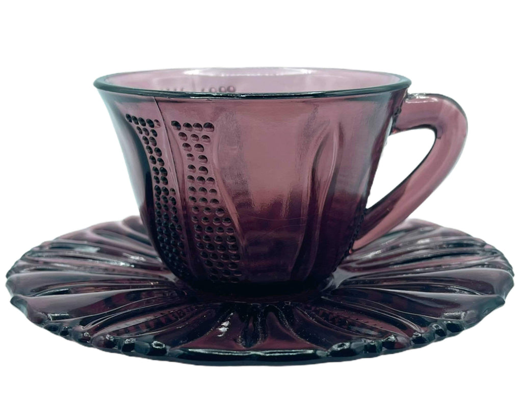 Depression Glass Cup and Saucer Dell Tulip Pattern Amethyst Colour 1930s 40s - Poppy's Vintage Clothing