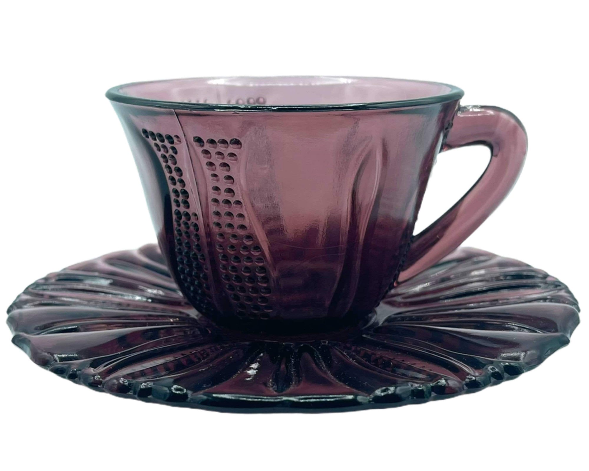 Depression Glass Cup and Saucer Dell Tulip Pattern Amethyst Colour 1930s 40s - Poppy's Vintage Clothing
