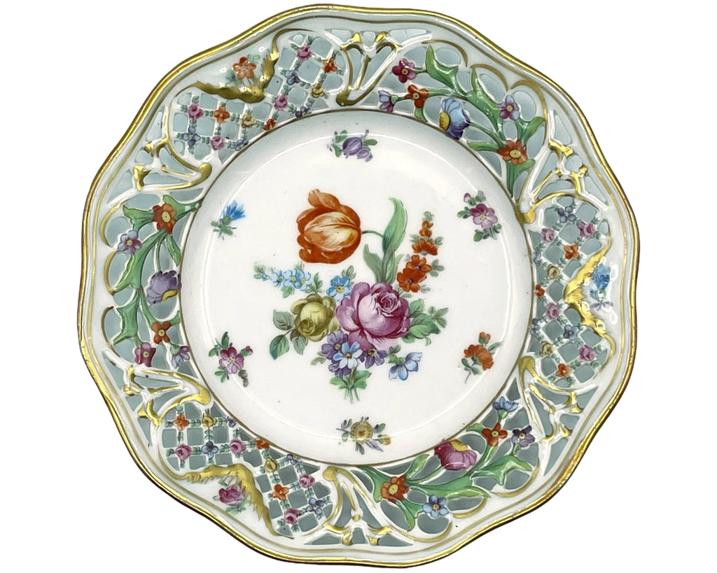 Vintage 1920s Schumann Dresden Porcelain Chateau Dish Plate Reticulated Edge - Poppy's Vintage Clothing