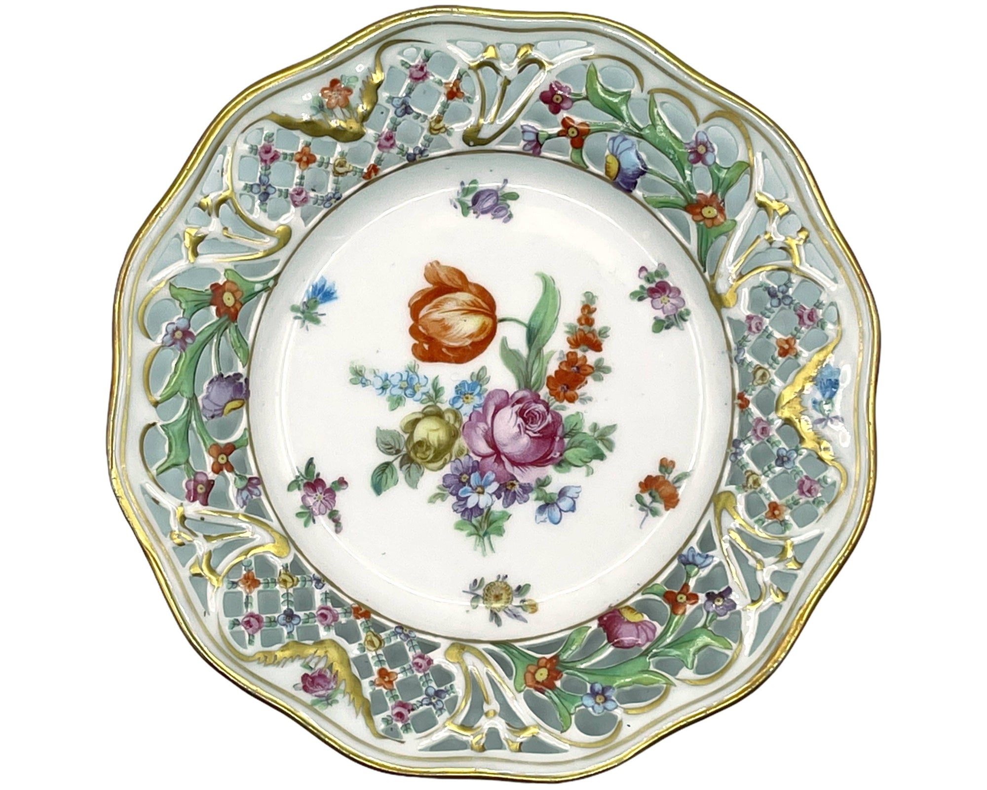 Vintage 1920s Schumann Dresden Porcelain Chateau Dish Plate Reticulated Edge - Poppy's Vintage Clothing