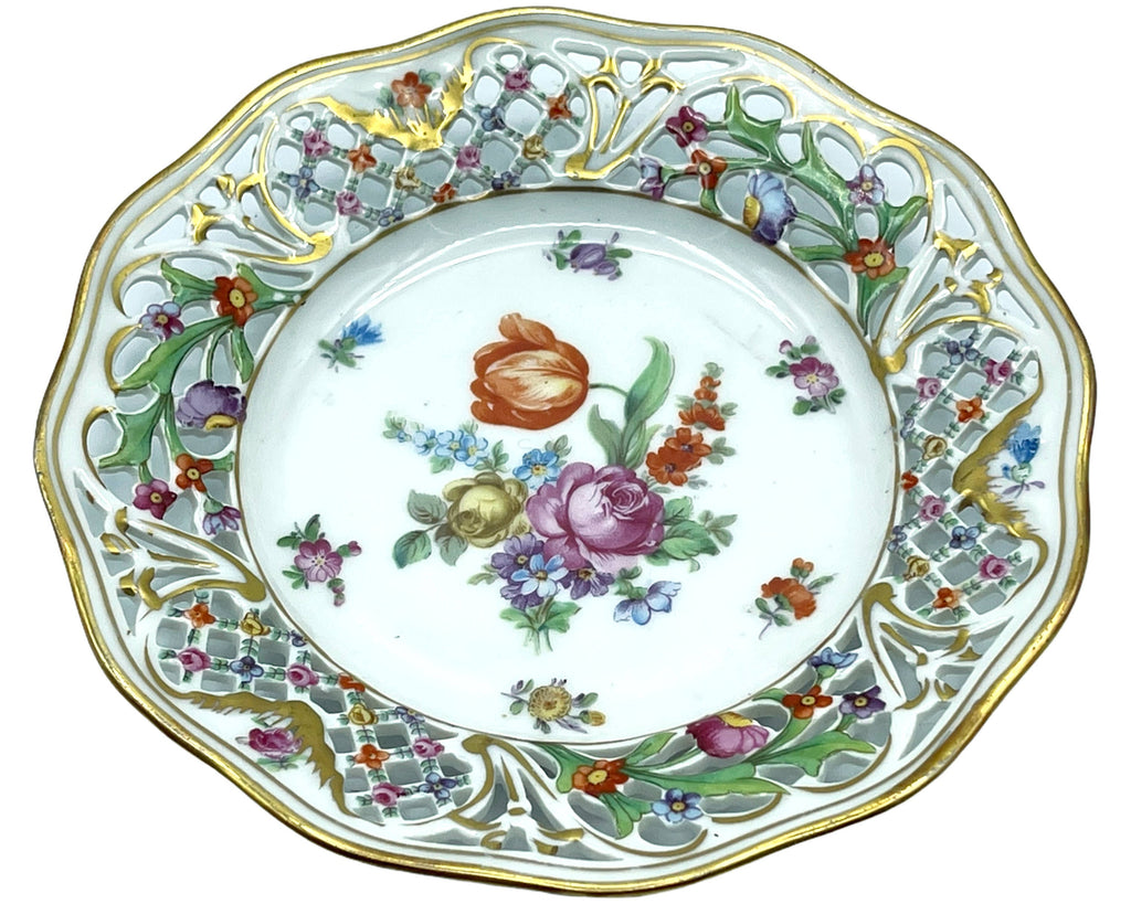 Vintage 1920s Schumann Dresden Porcelain Chateau Dish Plate Reticulated Edge - Poppy's Vintage Clothing