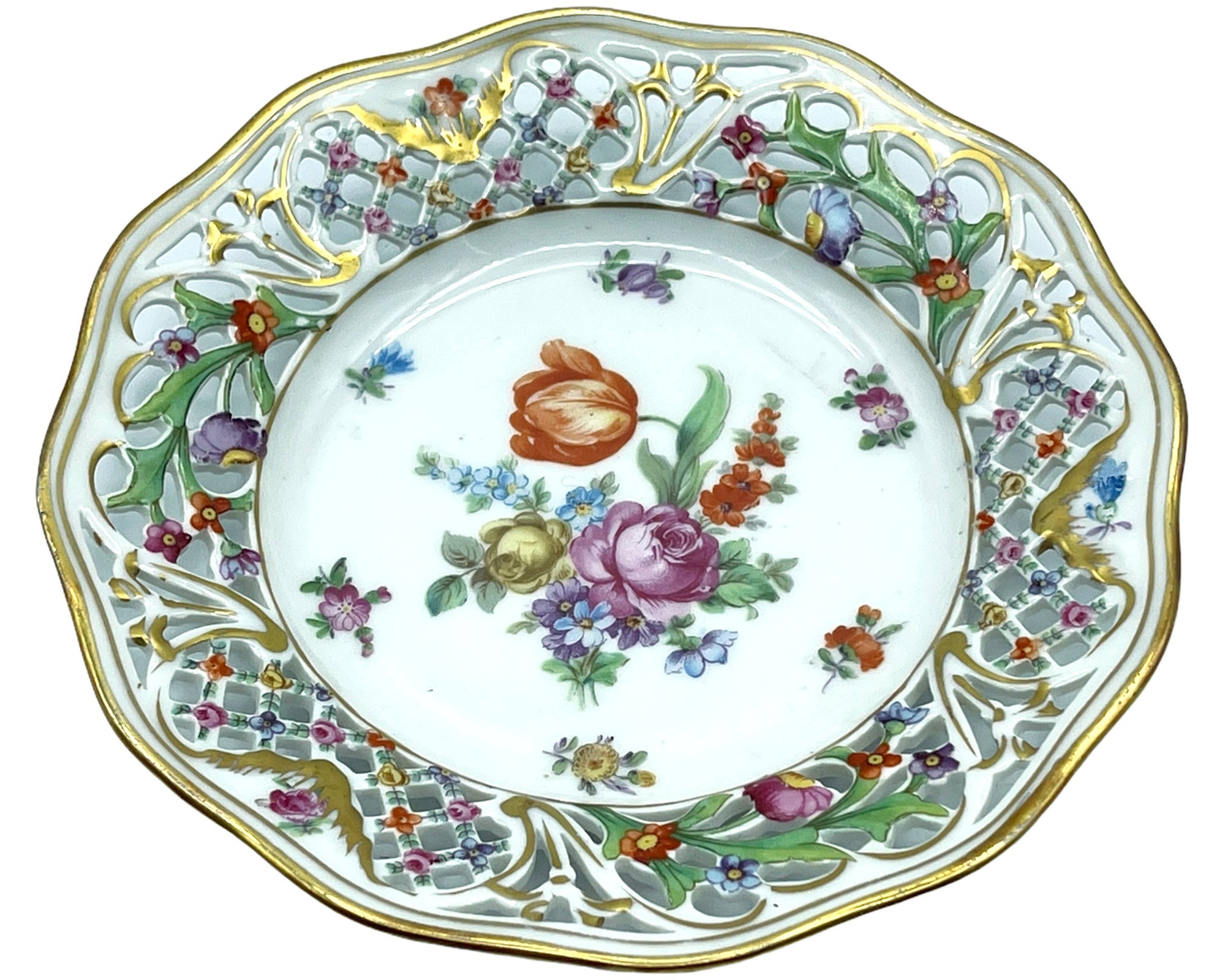 Vintage 1920s Schumann Dresden Porcelain Chateau Dish Plate Reticulated Edge - Poppy's Vintage Clothing