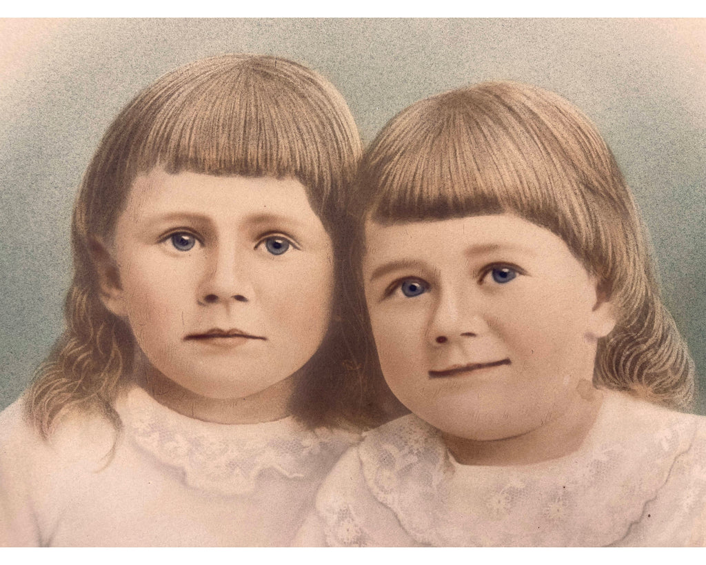 Antique Victorian Hand Tinted Photo of Children in Frame 13.75 x 15.5 - Poppy's Vintage Clothing