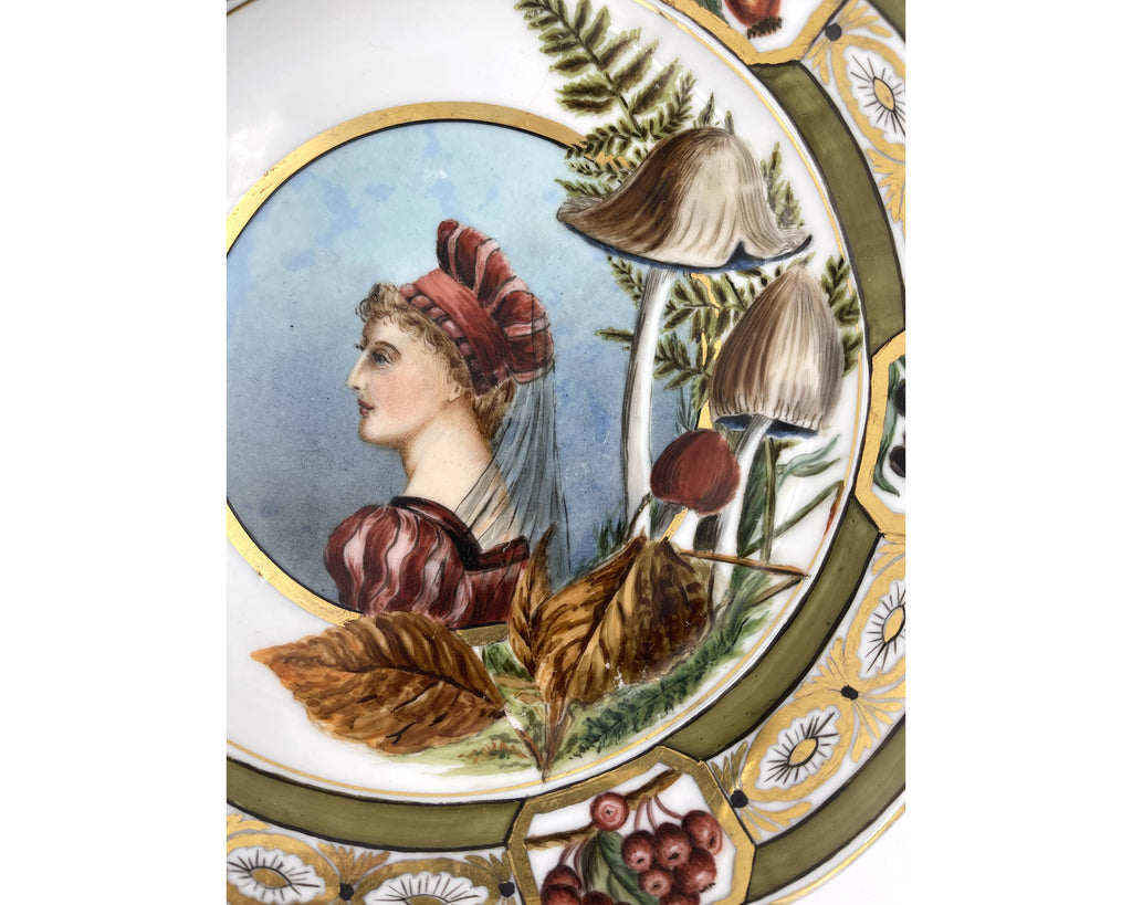 Antique Hand Painted Portrait Plate w Mushrooms Richter Fenkl & Hahn Bohemia - Poppy's Vintage Clothing