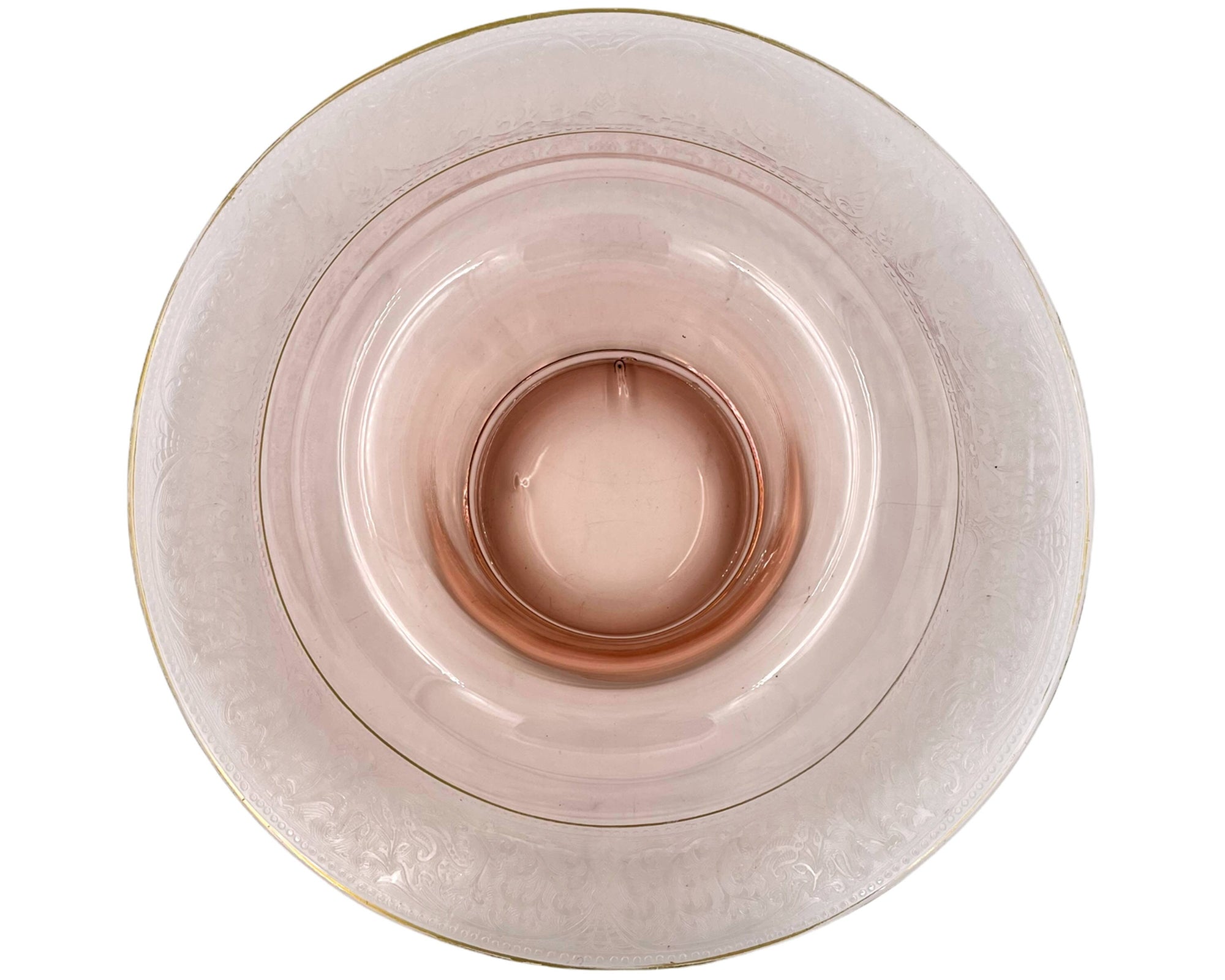 Art Deco Elegant Glass Centrepiece Console Bowl Wide Rolled Etched Rim Pink 13.25 - Poppy's Vintage Clothing