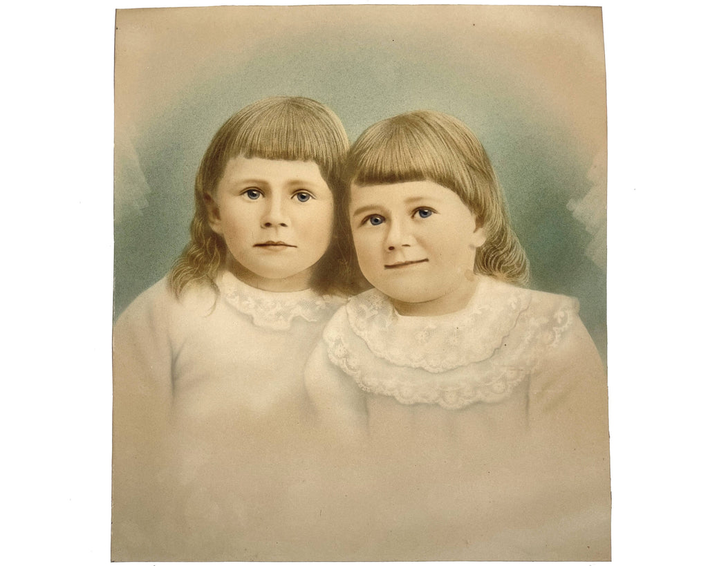 Antique Victorian Hand Tinted Photo of Children in Frame 13.75 x 15.5 - Poppy's Vintage Clothing