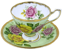 Vintage English Bone China Cup & Saucer Roses Pink and Yellow on Green Clare Teacup - Poppy's Vintage Clothing