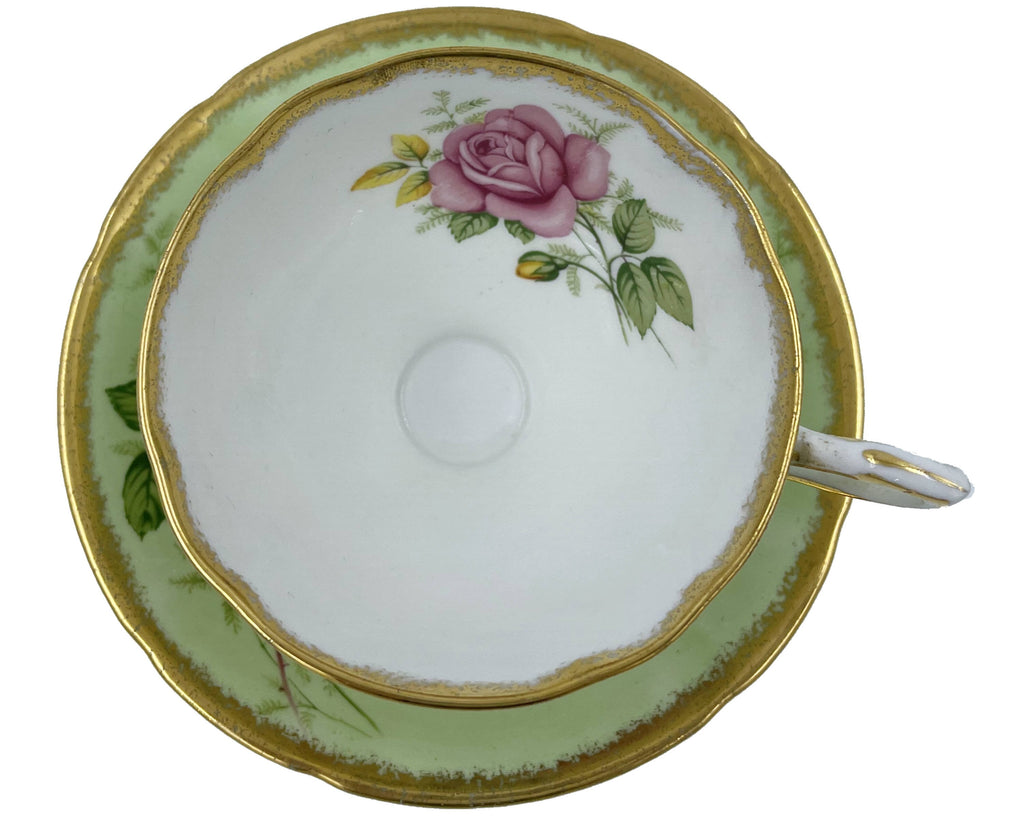 Vintage English Bone China Cup & Saucer Roses Pink and Yellow on Green Clare Teacup - Poppy's Vintage Clothing