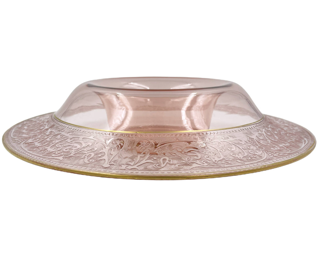 Art Deco Elegant Glass Centrepiece Console Bowl Wide Rolled Etched Rim Pink 13.25 - Poppy's Vintage Clothing
