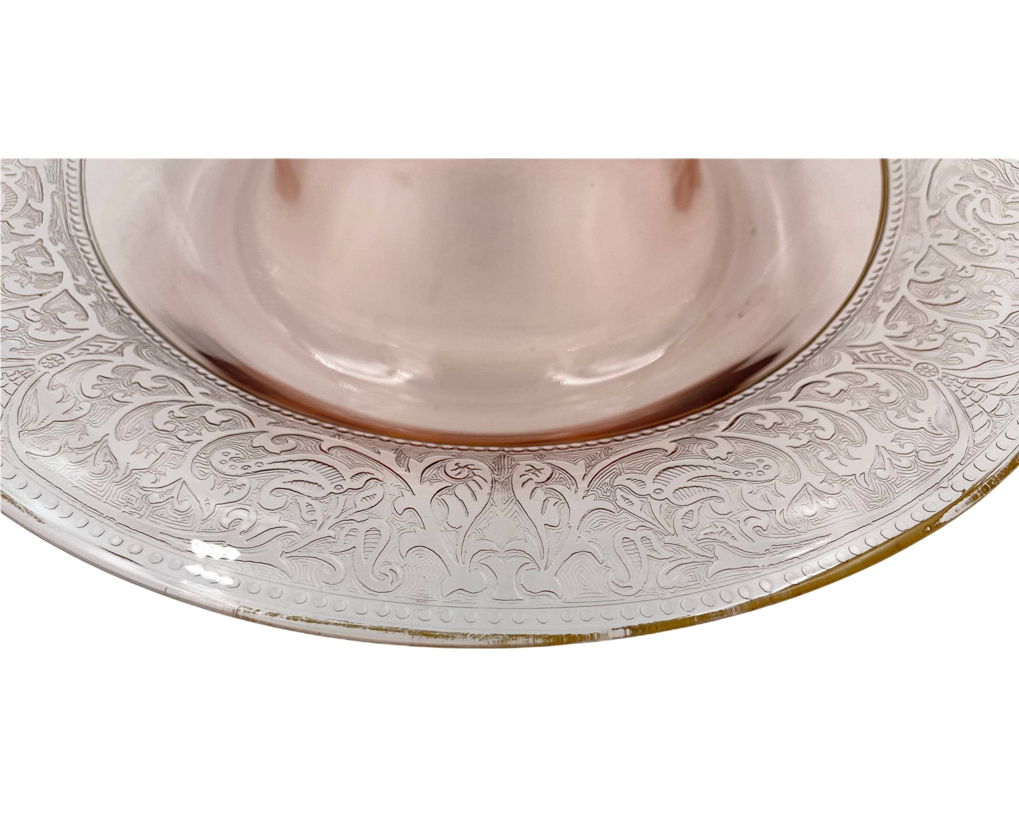 Art Deco Elegant Glass Centrepiece Console Bowl Wide Rolled Etched Rim Pink 13.25 - Poppy's Vintage Clothing