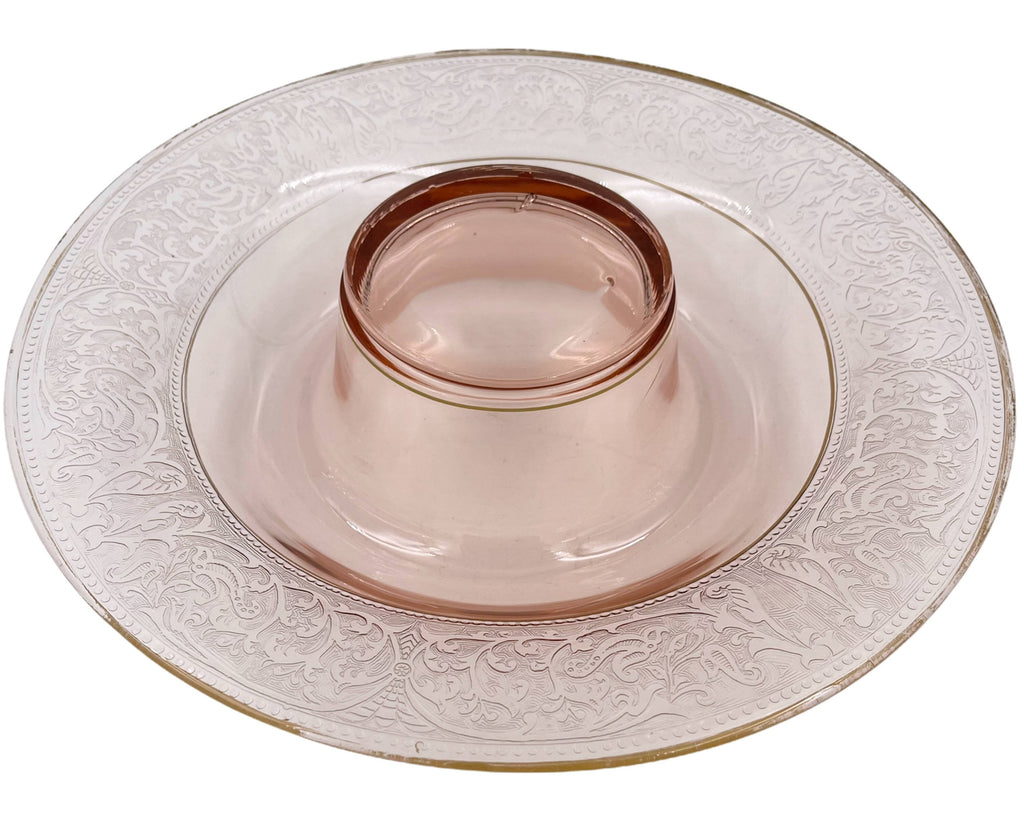 Art Deco Elegant Glass Centrepiece Console Bowl Wide Rolled Etched Rim Pink 13.25 - Poppy's Vintage Clothing