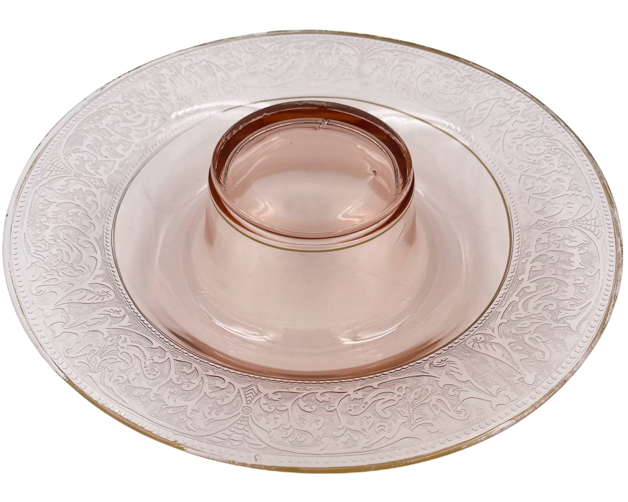 Art Deco Elegant Glass Centrepiece Console Bowl Wide Rolled Etched Rim Pink 13.25 - Poppy's Vintage Clothing