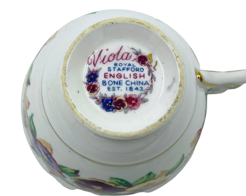 Vintage Royal Stafford Viola English Bone China Tea Cup & Saucer w Flower Handle - Poppy's Vintage Clothing