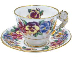 Vintage Royal Stafford Viola English Bone China Tea Cup & Saucer w Flower Handle - Poppy's Vintage Clothing
