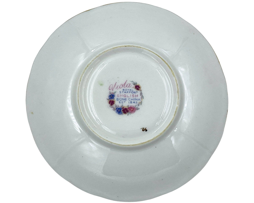 Vintage Royal Stafford Viola English Bone China Tea Cup & Saucer w Flower Handle - Poppy's Vintage Clothing