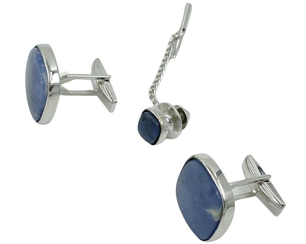 Vintage Sherman Senator Sodalite Cufflinks Silver Toned w Tie Tack - Poppy's Vintage Clothing