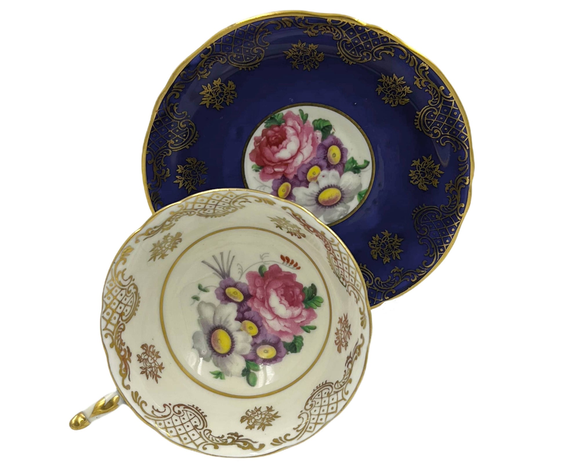 Vintage 1940s Paragon Bone China Cup & Saucer Cobalt Floral Bouquet 7884 - Poppy's Vintage Clothing