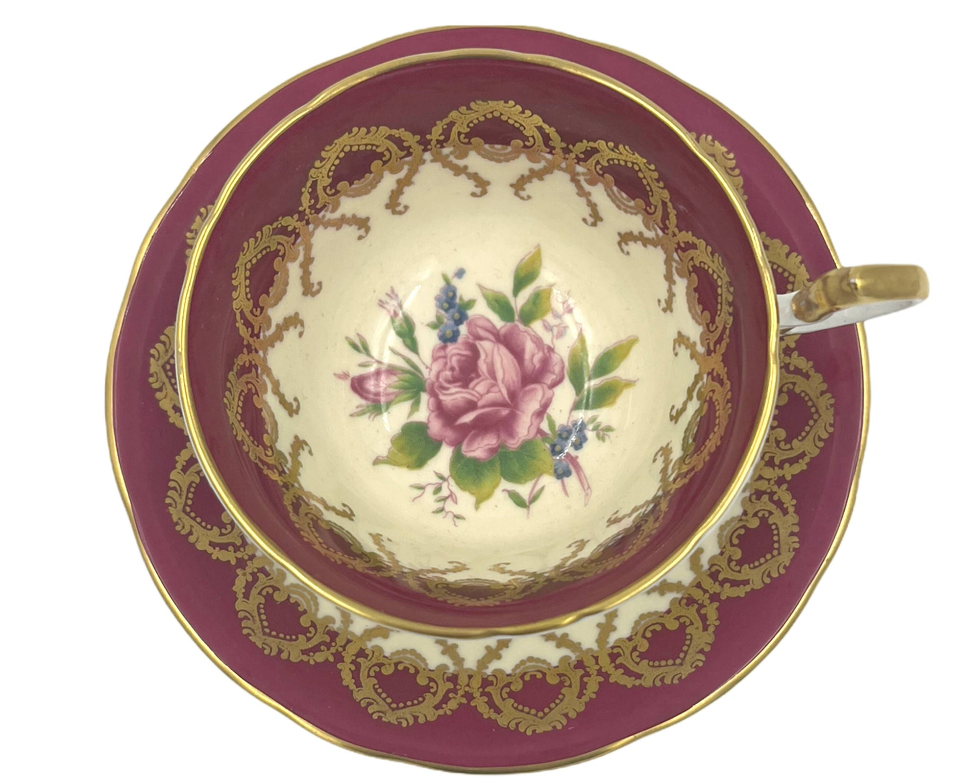 Vintage 1930s Aynsley Bone China Tea Cup & Saucer Rose Interior Magenta Gold C1056 - Poppy's Vintage Clothing
