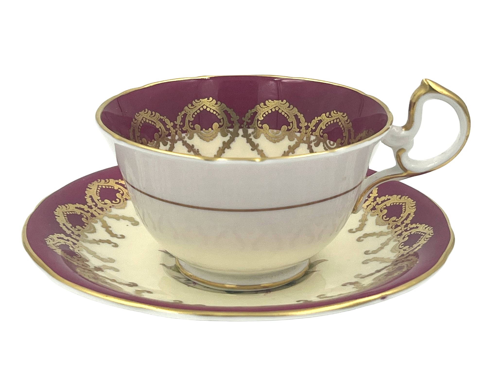 Vintage 1930s Aynsley Bone China Tea Cup & Saucer Rose Interior Magenta Gold C1056 - Poppy's Vintage Clothing