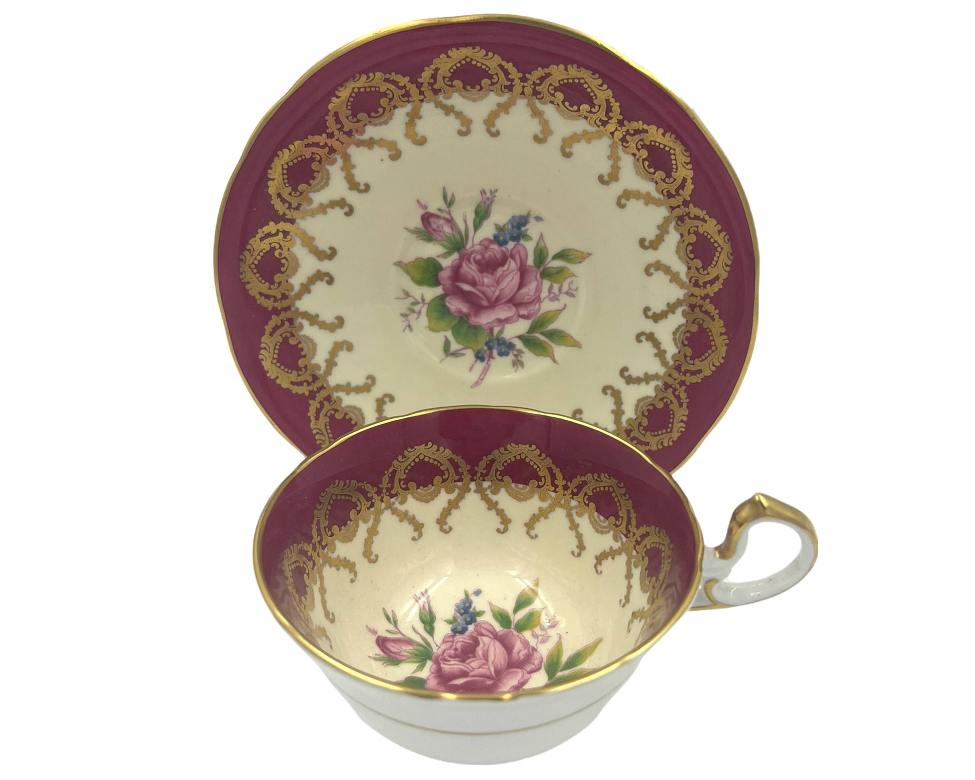 Vintage 1930s Aynsley Bone China Tea Cup & Saucer Rose Interior Magenta Gold C1056 - Poppy's Vintage Clothing