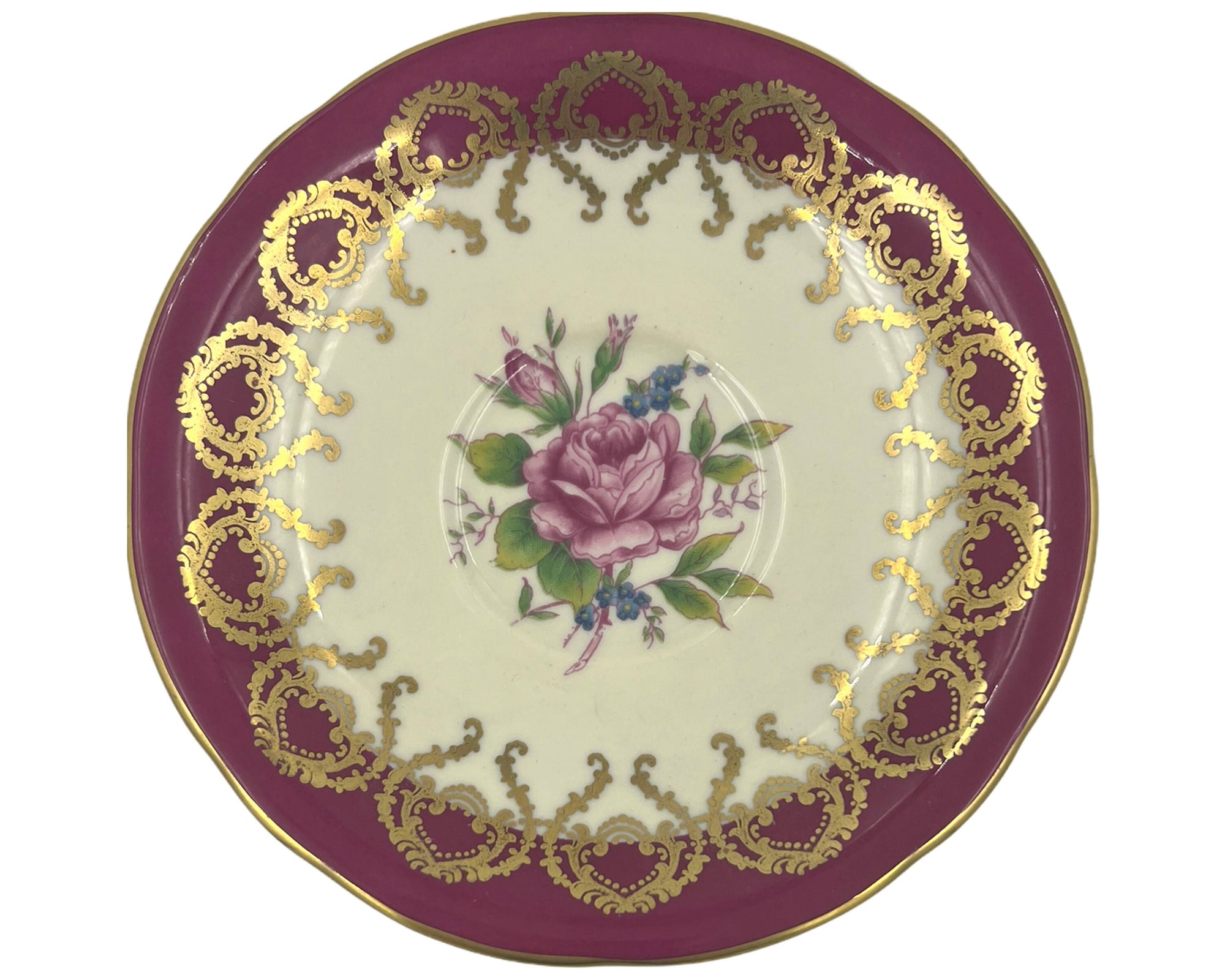 Vintage 1930s Aynsley Bone China Tea Cup & Saucer Rose Interior Magenta Gold C1056 - Poppy's Vintage Clothing