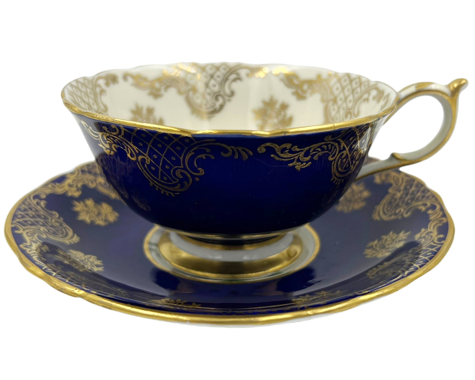 Vintage 1940s Paragon Bone China Cup & Saucer Cobalt Floral Bouquet 7884 - Poppy's Vintage Clothing
