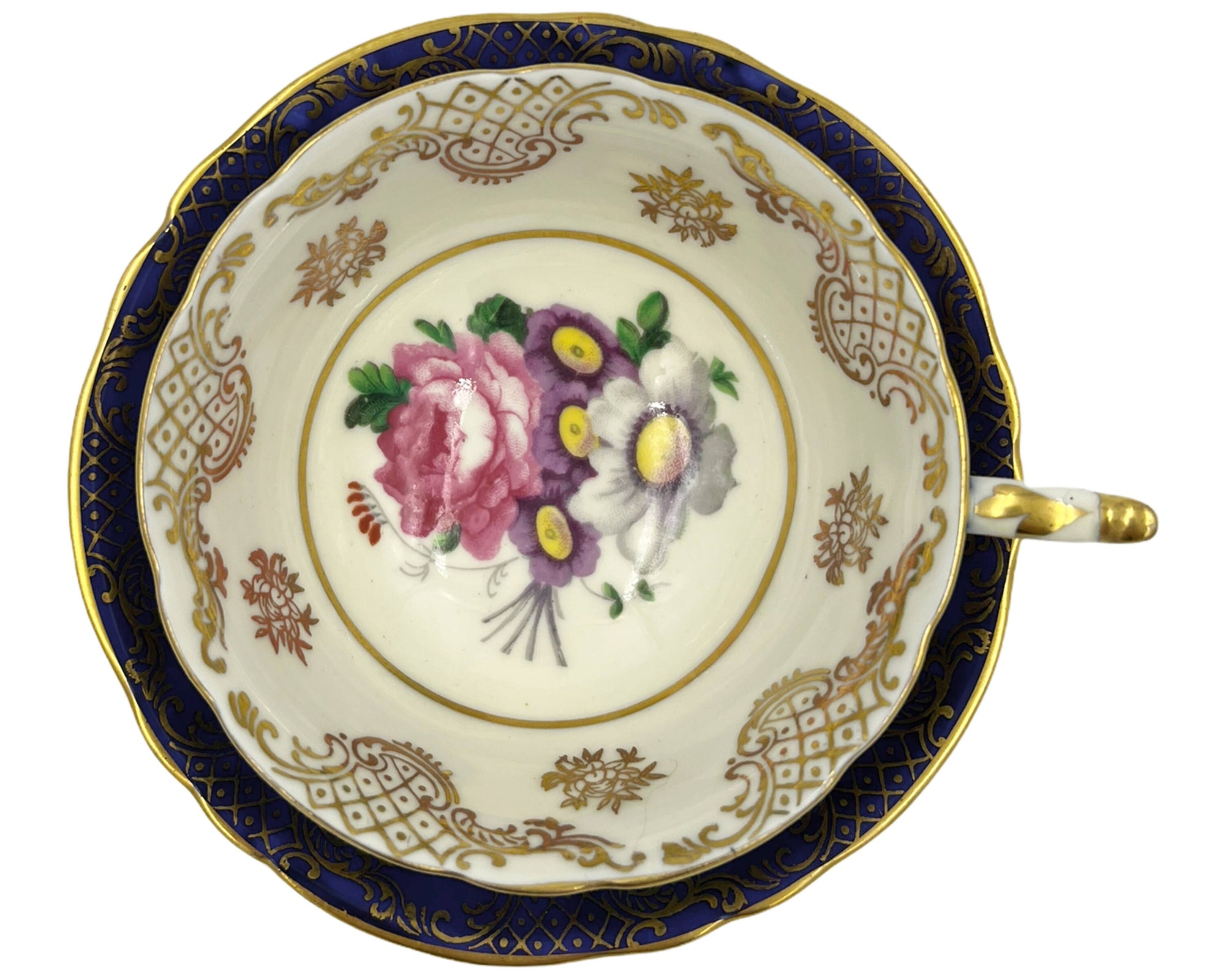 Vintage 1940s Paragon Bone China Cup & Saucer Cobalt Floral Bouquet 7884 - Poppy's Vintage Clothing