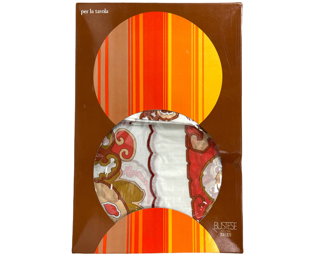 Mid Century NOS Italian Printed Round Tablecloth Unused NWT w Napkins Bustese - Poppy's Vintage Clothing