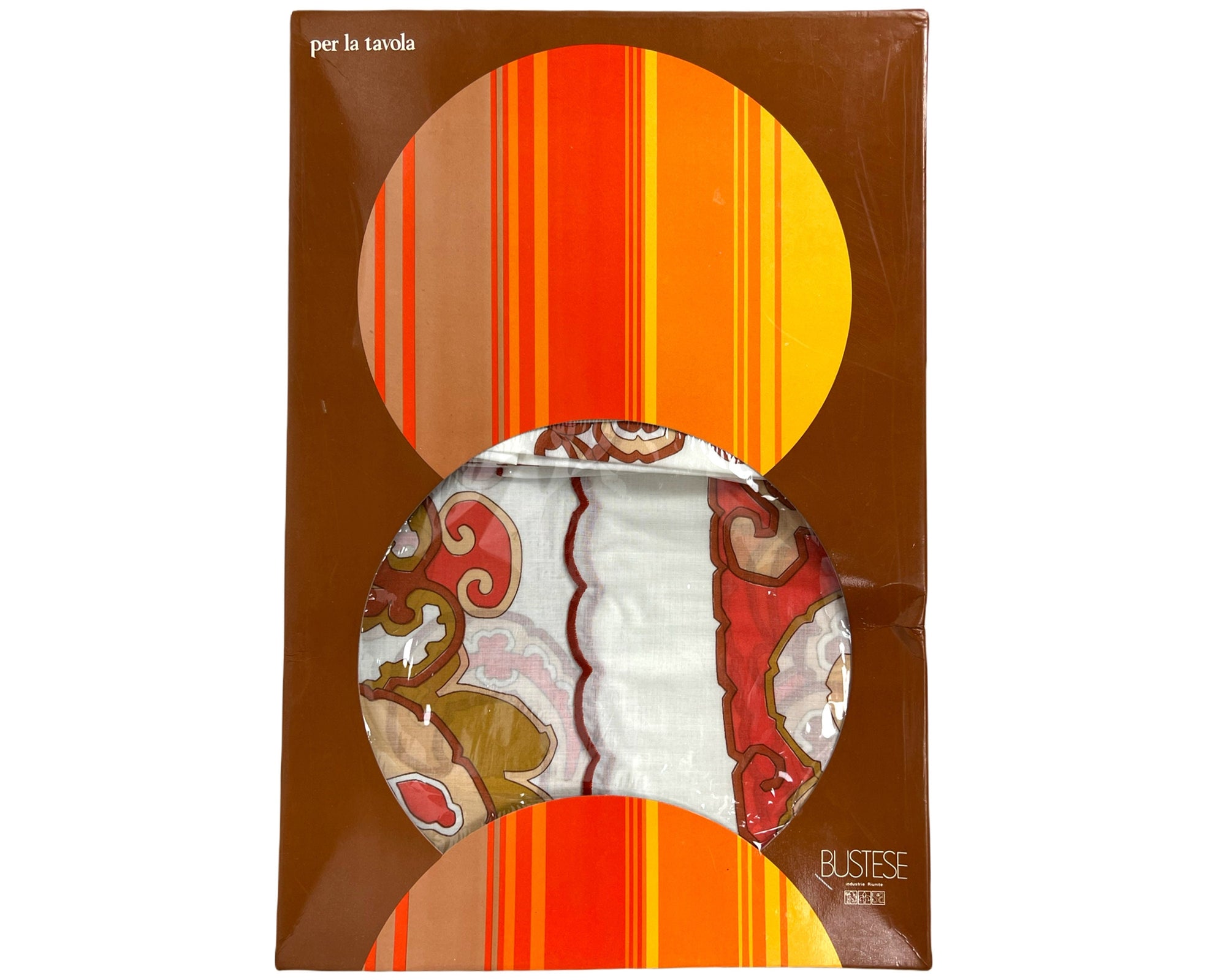 Mid Century NOS Italian Printed Round Tablecloth Unused NWT w Napkins Bustese - Poppy's Vintage Clothing